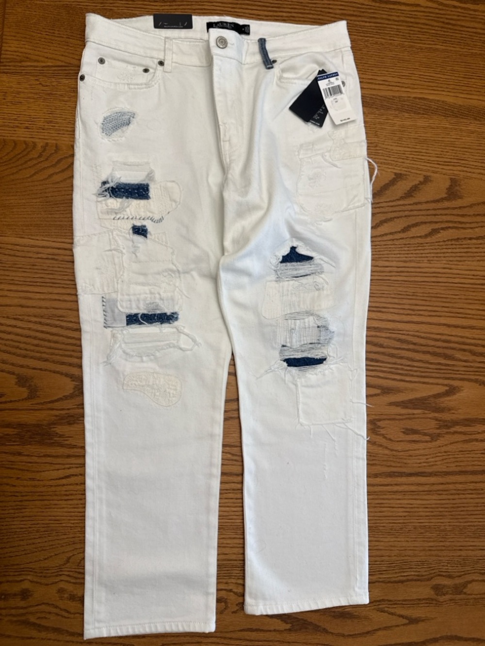 Lauren Ralph Lauren White Distressed Jeans Size 14 Mid Rise Straight Ankle NWT